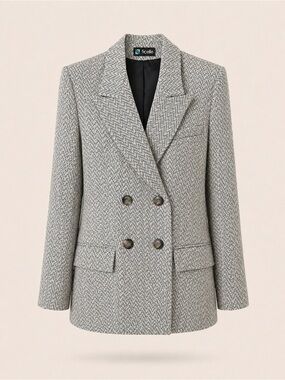 Ficelle Paris Blazer Jacket Herringbone Double Breasted Tailored Chic M-L